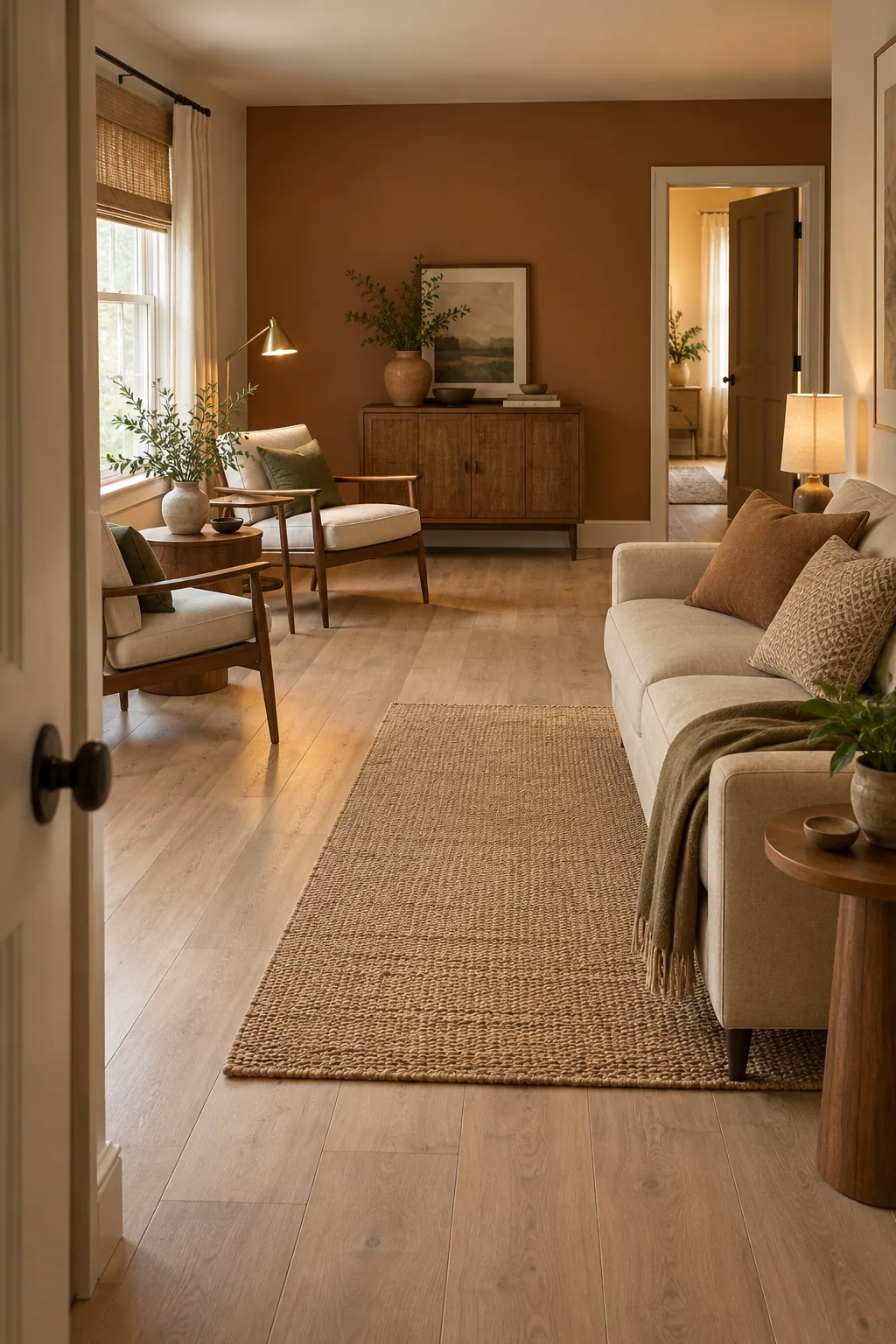 Oatmeal sofa on the right facing two light chairs on the left, with side tables and an open central route toward a far-right doorway.