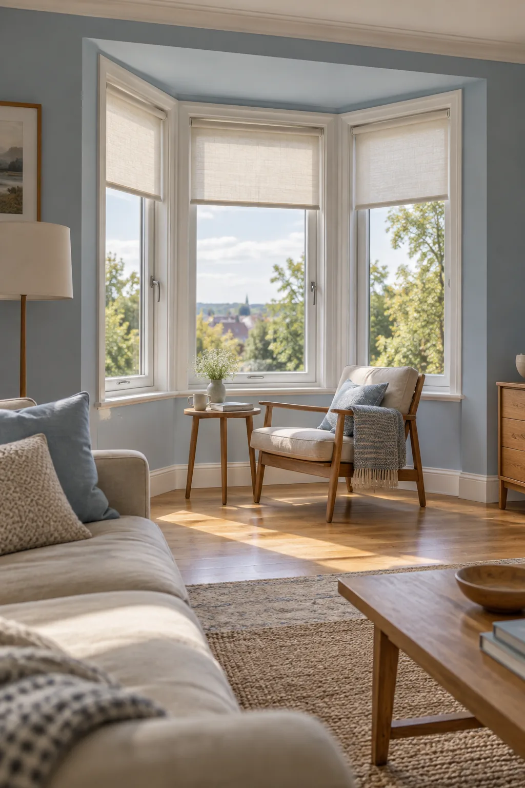 AI-generated room concept: A wood-frame lounge chair and small side table in a three-panel bay window, with the main sofa in the foreground.