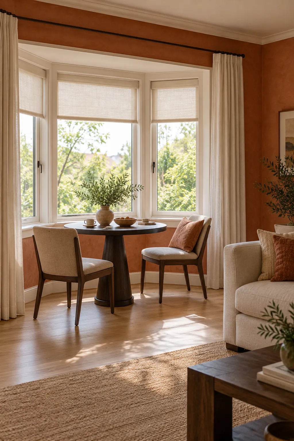 Small round dark-wood table with two upholstered chairs in a broad bay window, beside the main living-room sofa.