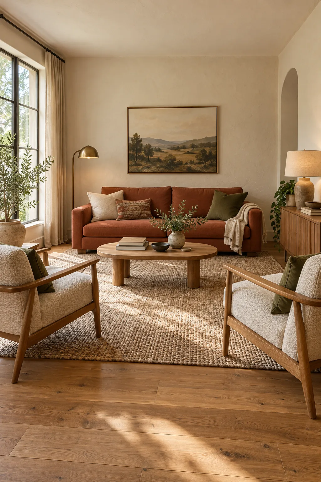 AI-generated room concept: Terracotta sofa facing two wood-frame armchairs across a small oval table in a living room without a television.