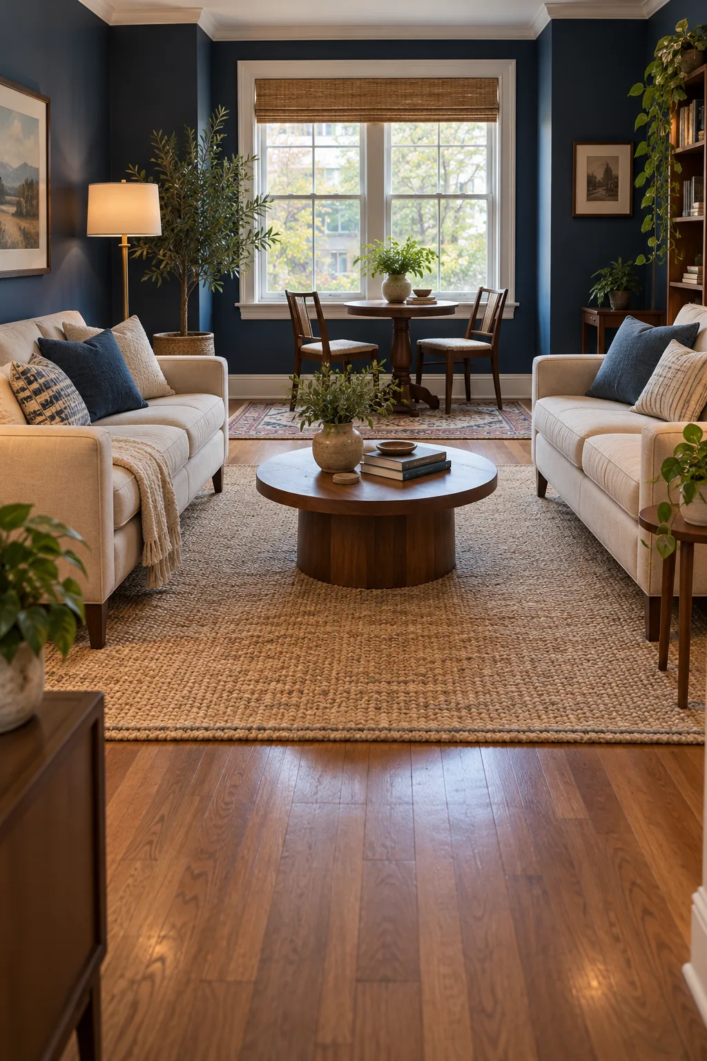 Two pale loveseats facing across a low round table, with a separate small table and two upright chairs near the window.