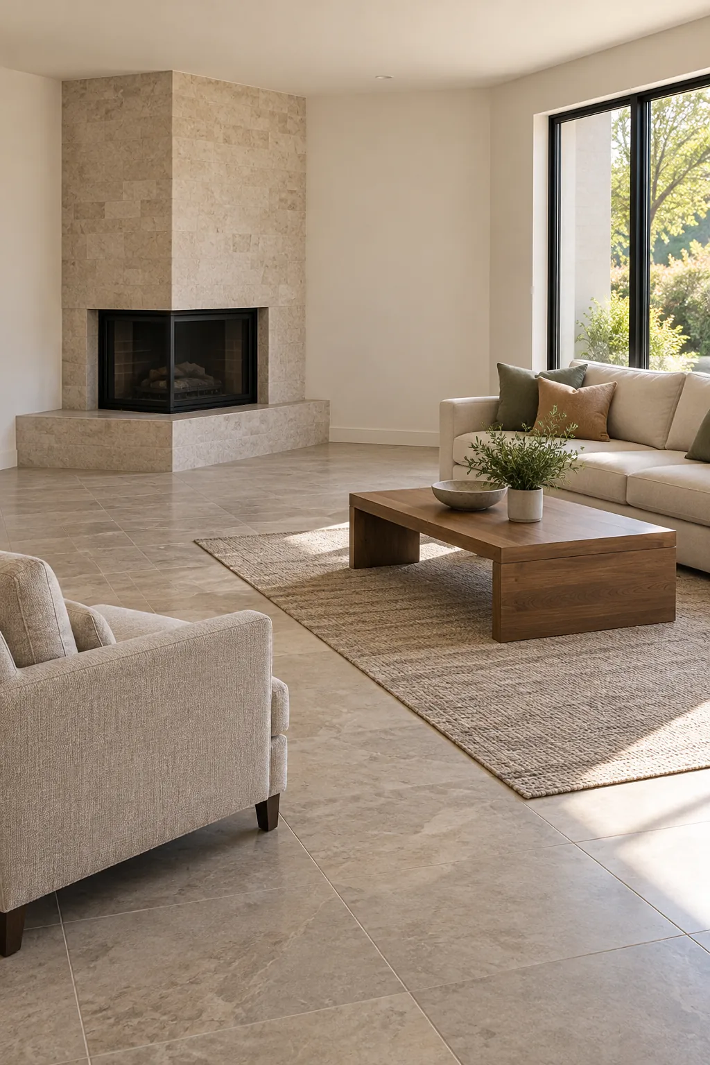 AI-generated room concept: Unlit glass-front corner fireplace with an empty tiled area in front, separate from a sofa, armchair, table and seating rug.