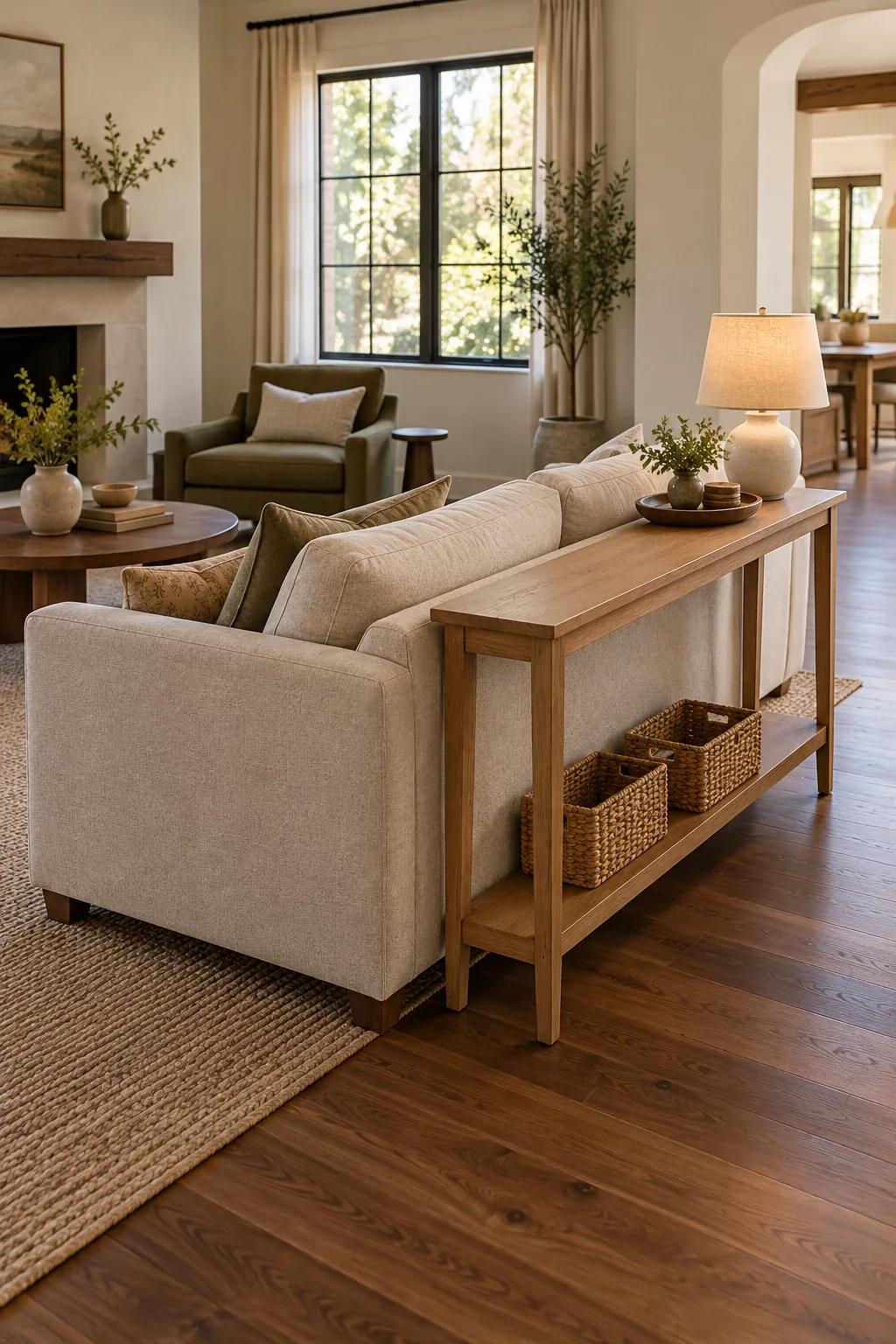 AI-generated room concept: Slim wood console directly behind a floating oatmeal sofa, with two baskets on the lower shelf and a lamp and tray on one end of the top.