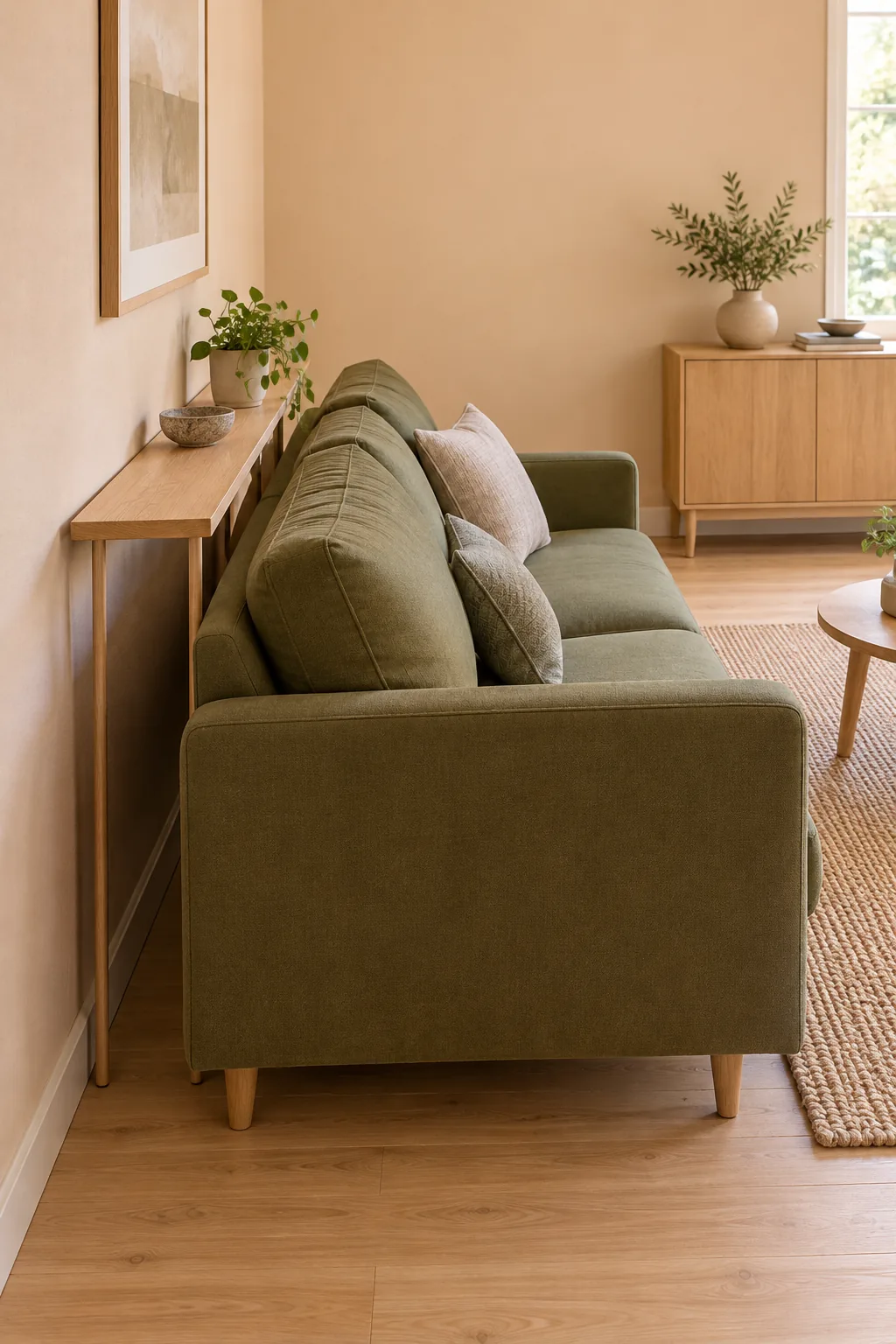AI-generated room concept: Shallow wooden surface behind an olive sofa near a solid wall, with a separate accessible closed cabinet at the sofa end.