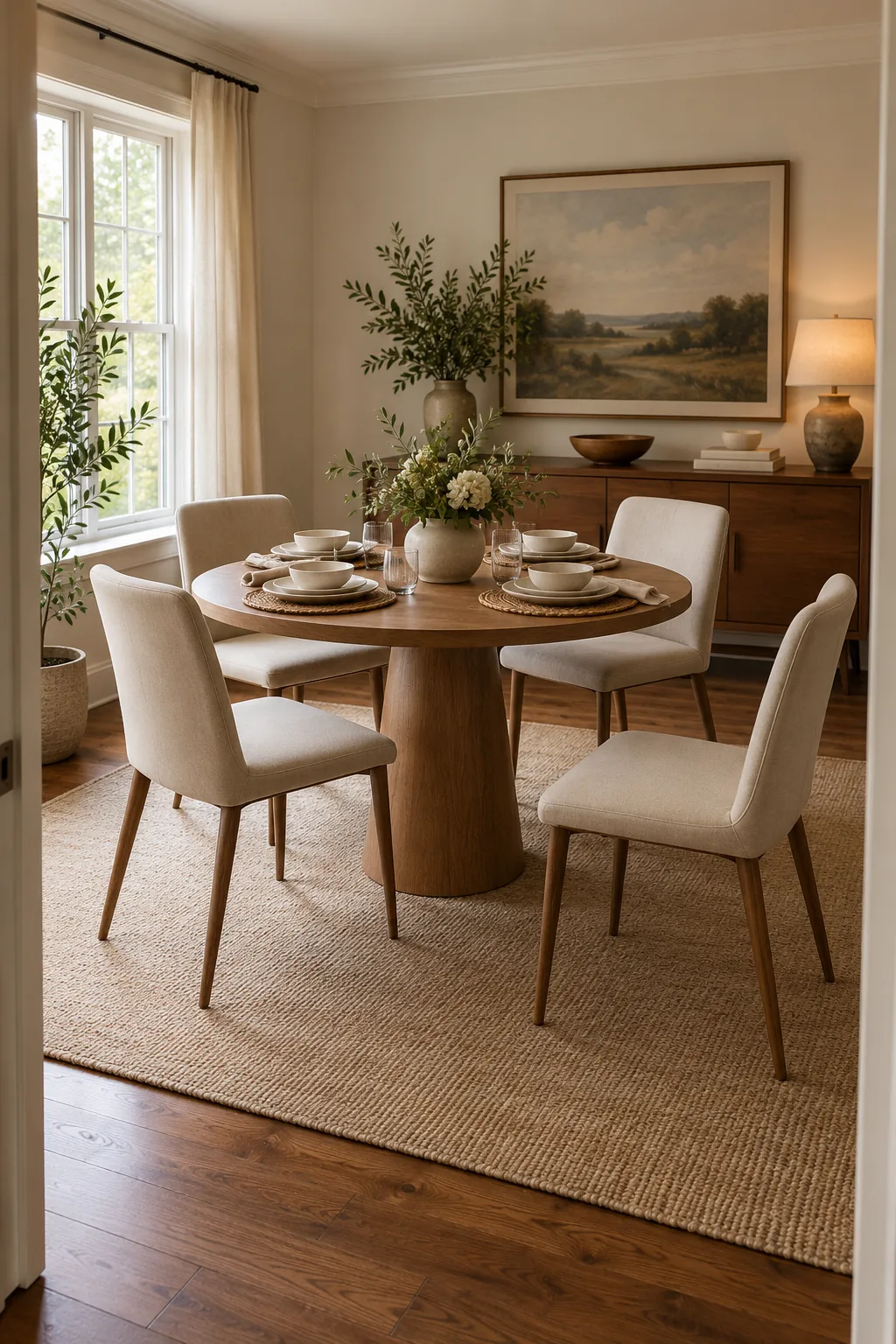 AI-generated room concept: Round wood pedestal table with four separate upholstered chairs in a square dining area, with one chair pulled away.