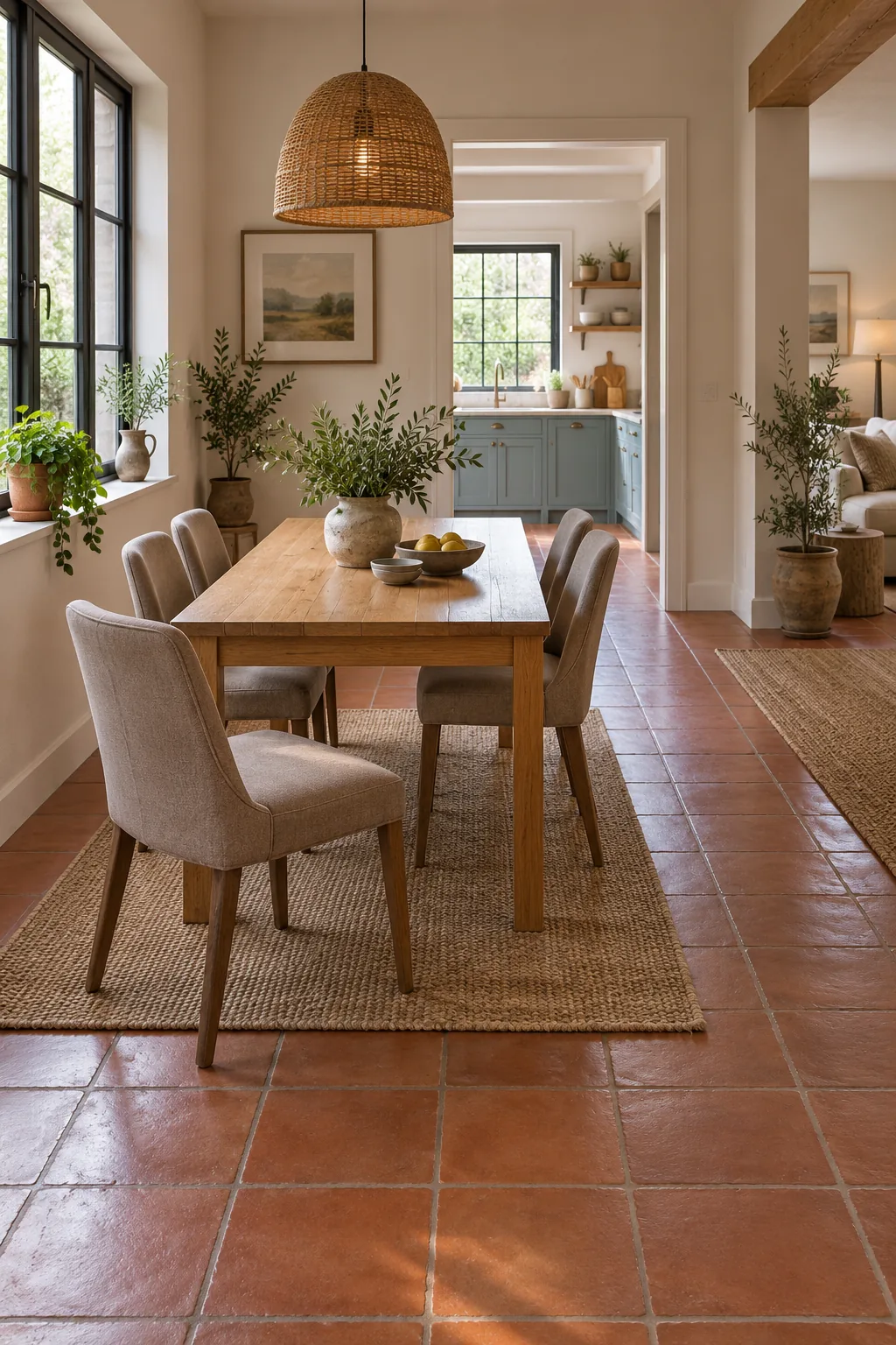 AI-generated room concept: Rectangular oak table with separate upholstered chairs in a long tiled dining room leading to a kitchen.