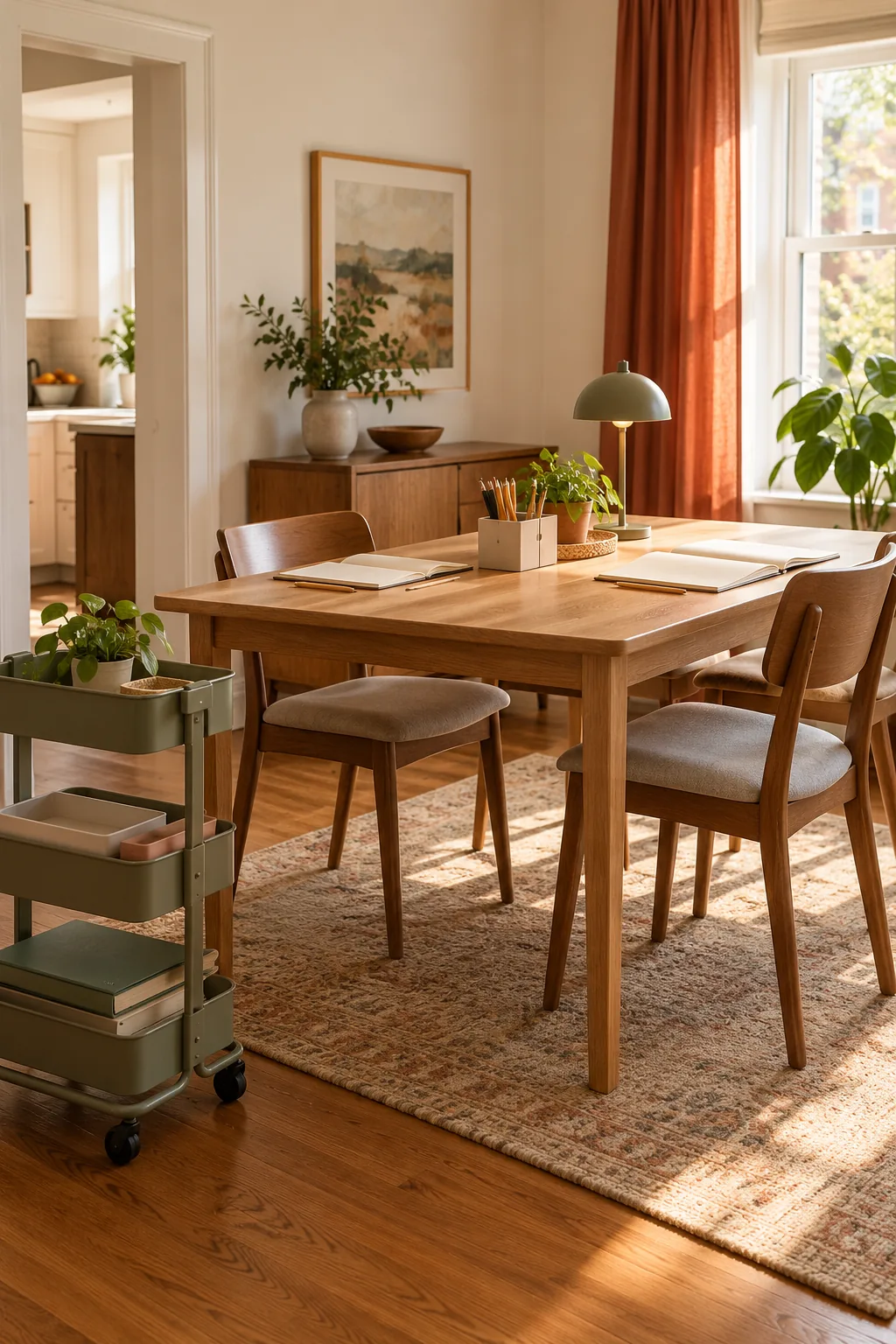 AI-generated room concept: Two homework places on an oak dining table with blank notebooks, a pencil caddy, shaded lamp and a low rolling cart beside it.