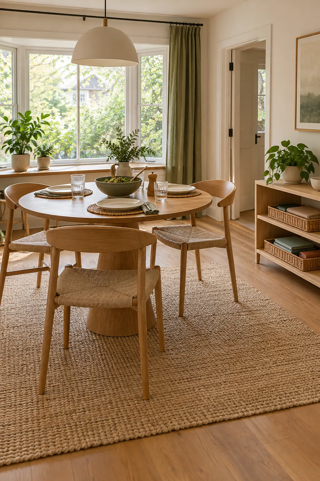 AI-generated room concept: Round table set for three with work folders stored in baskets on a nearby low console.