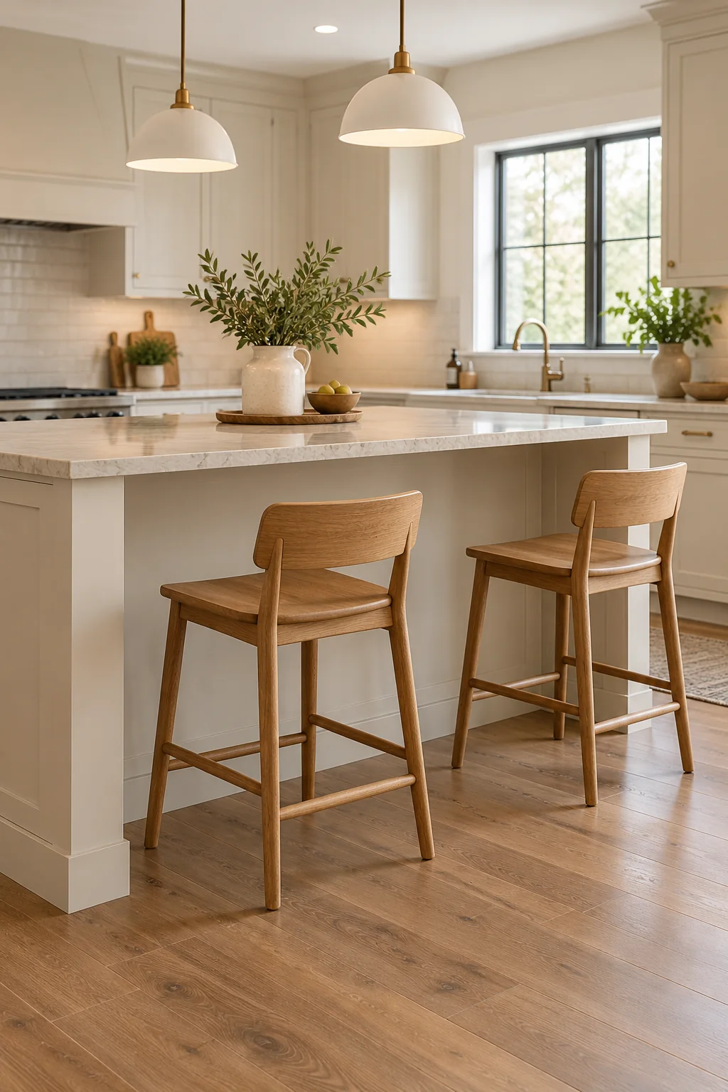 AI-generated room concept: Two backed wooden stools with footrails below the overhanging side of a cream kitchen island.