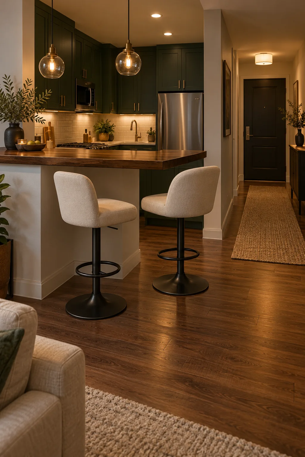 AI-generated room concept: Two cream swivel stools with circular bases at a raised wooden breakfast bar beside a clear hallway route.