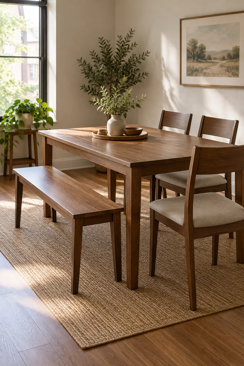 AI-generated room concept: Freestanding wooden bench partly pulled from a rectangular dining table, with separate backed chairs opposite.