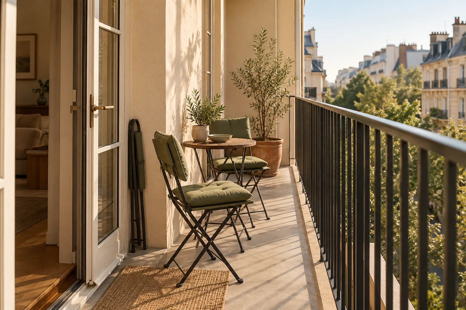 AI-generated narrow balcony with folding chairs, a small round table and an open door route.