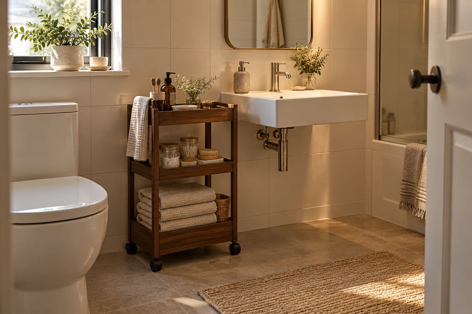 AI-generated small bathroom with a freestanding narrow storage trolley beside a white basin.