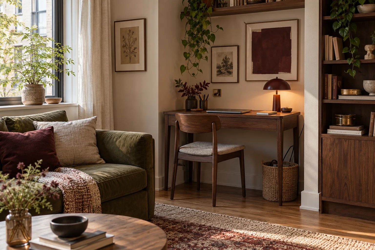 AI-generated living-room desk corner with a walnut desk, upholstered chair and olive sofa.