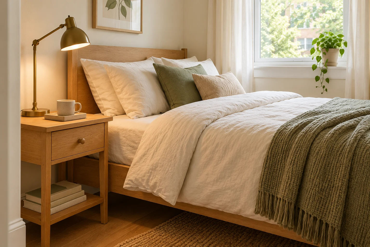 A compact bedside surface with a reading lamp and room for essentials. AI-generated decor concept.