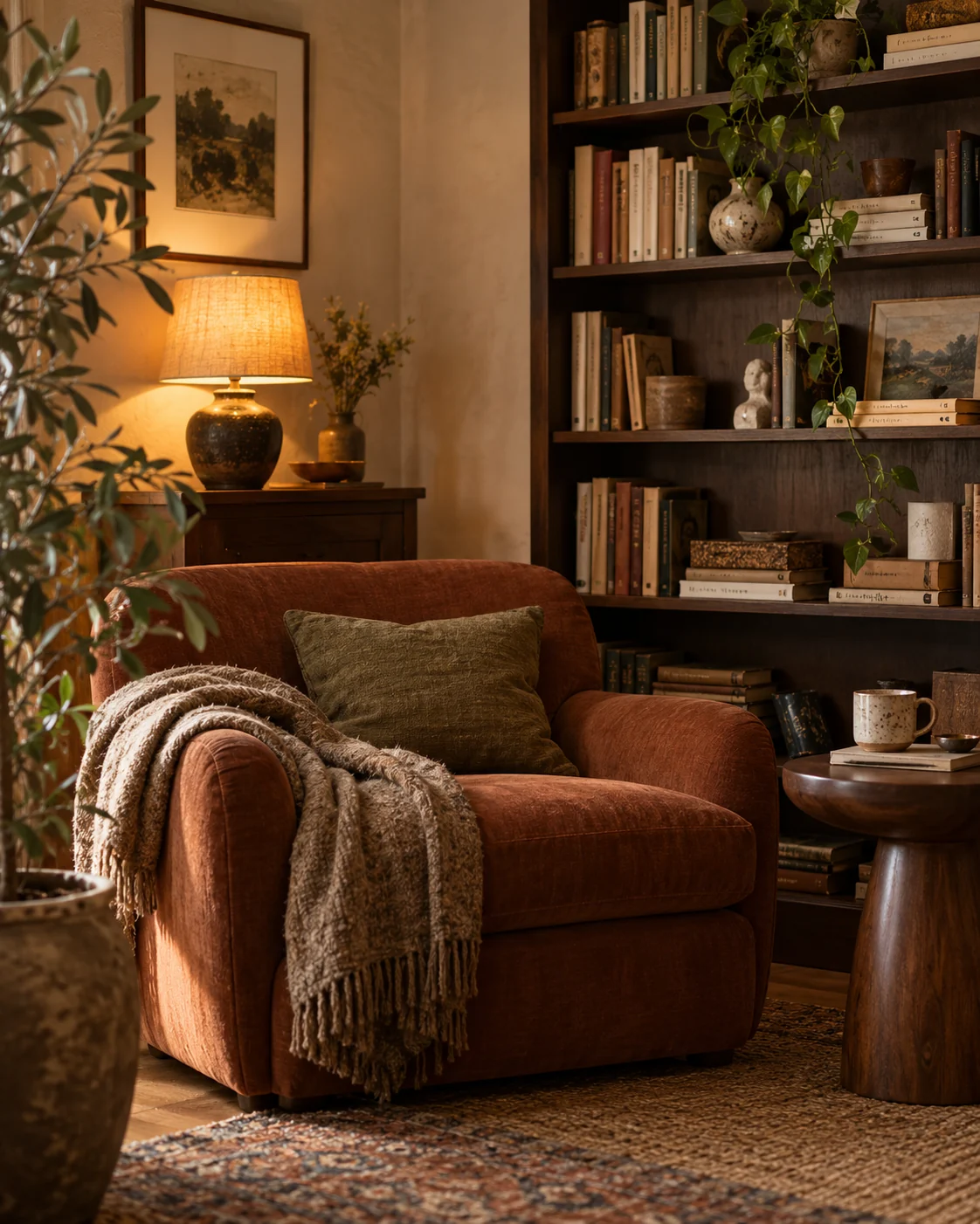 AI-generated earthy reading corner with a rust chair, wood and softly layered light
