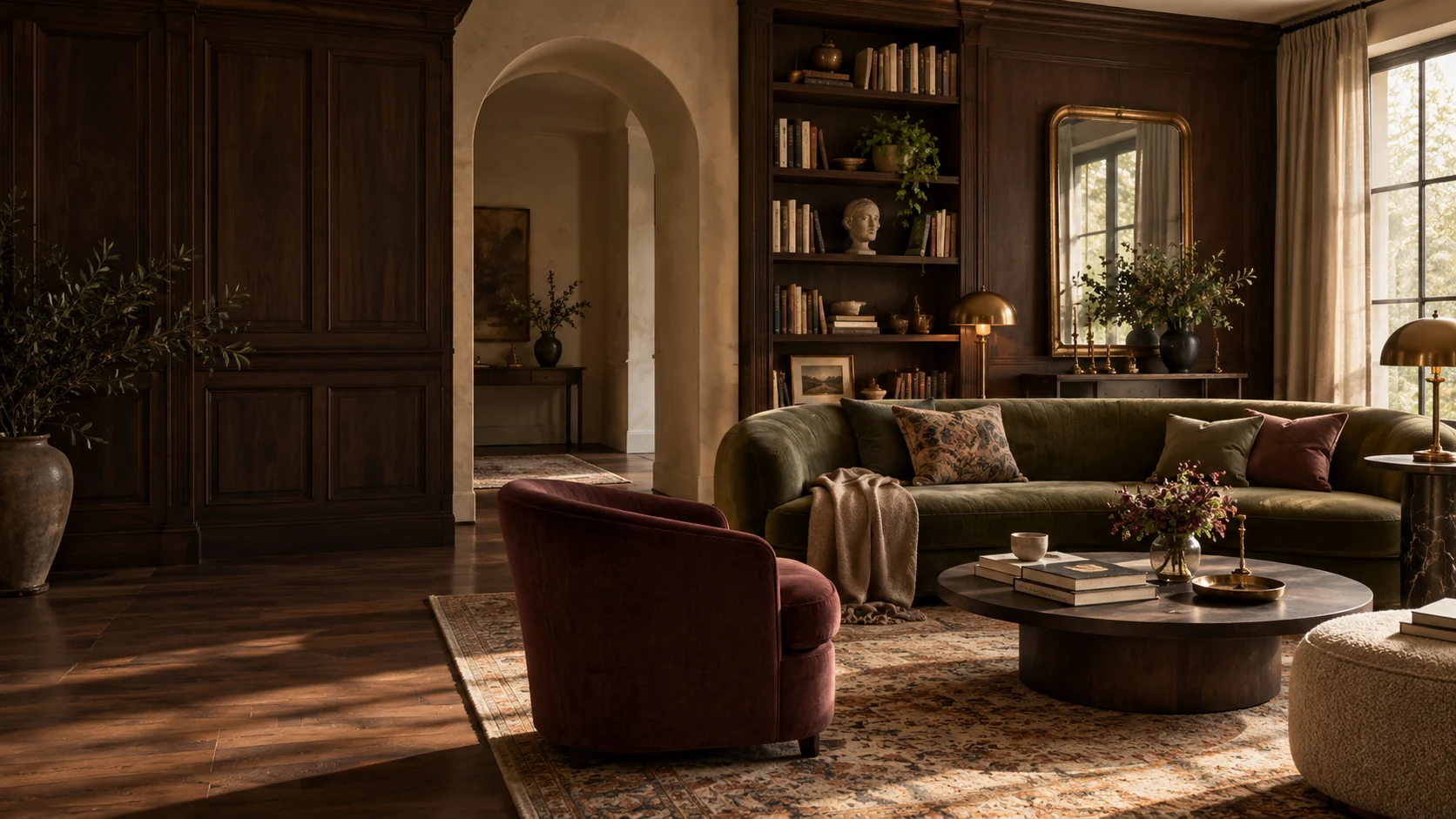 AI-generated royal living room with walnut panelling, an olive velvet sofa, burgundy seating and warm brass accents