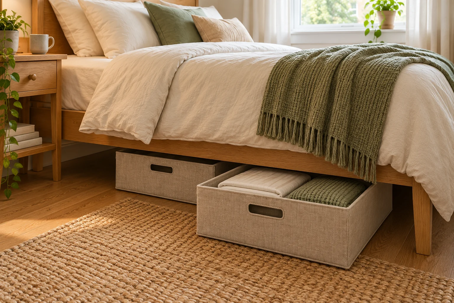 Shallow fabric containers keep spare bedding together under the bed. AI-generated decor concept.