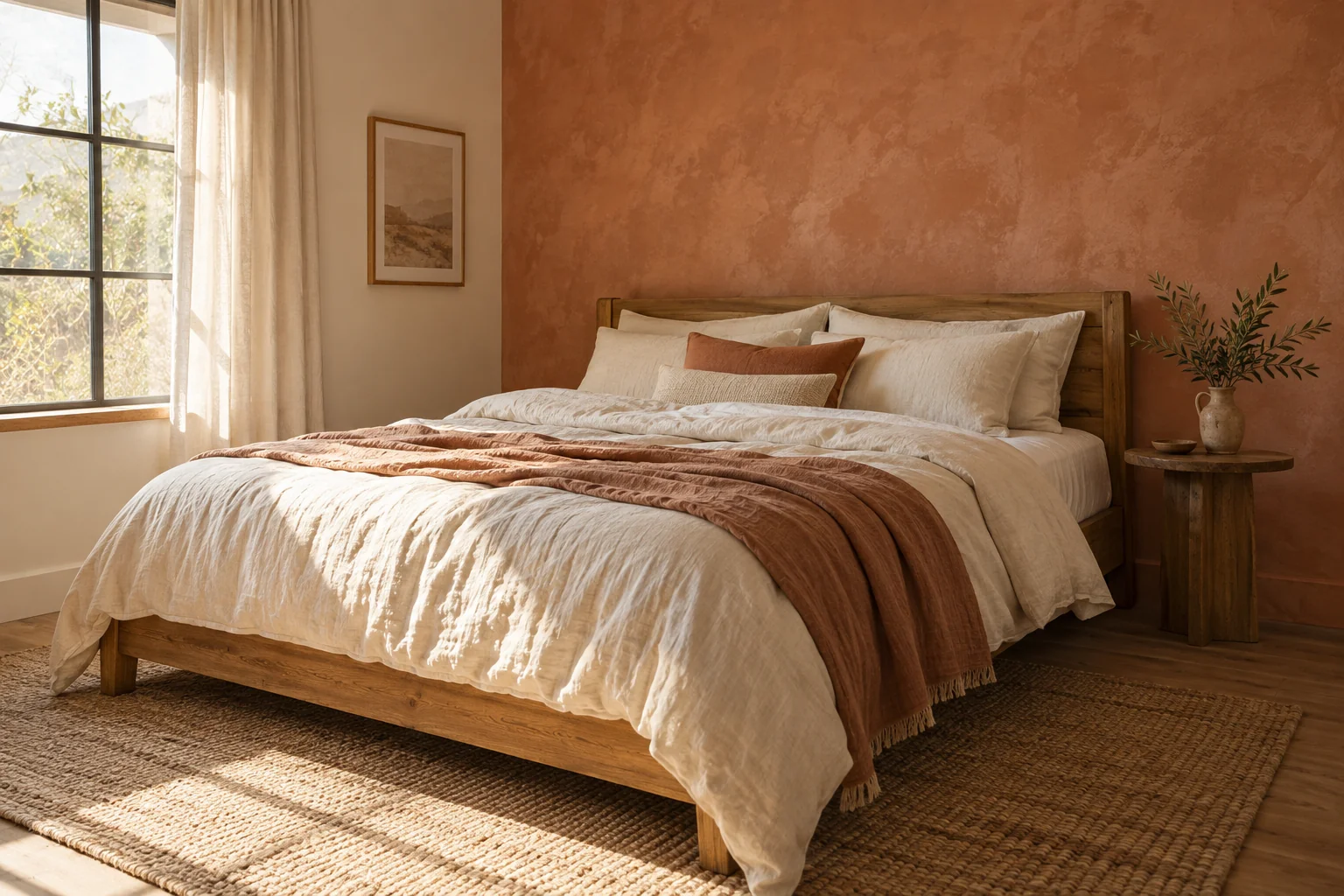 AI-generated restful bedroom with soft linen, wood and warm lighting