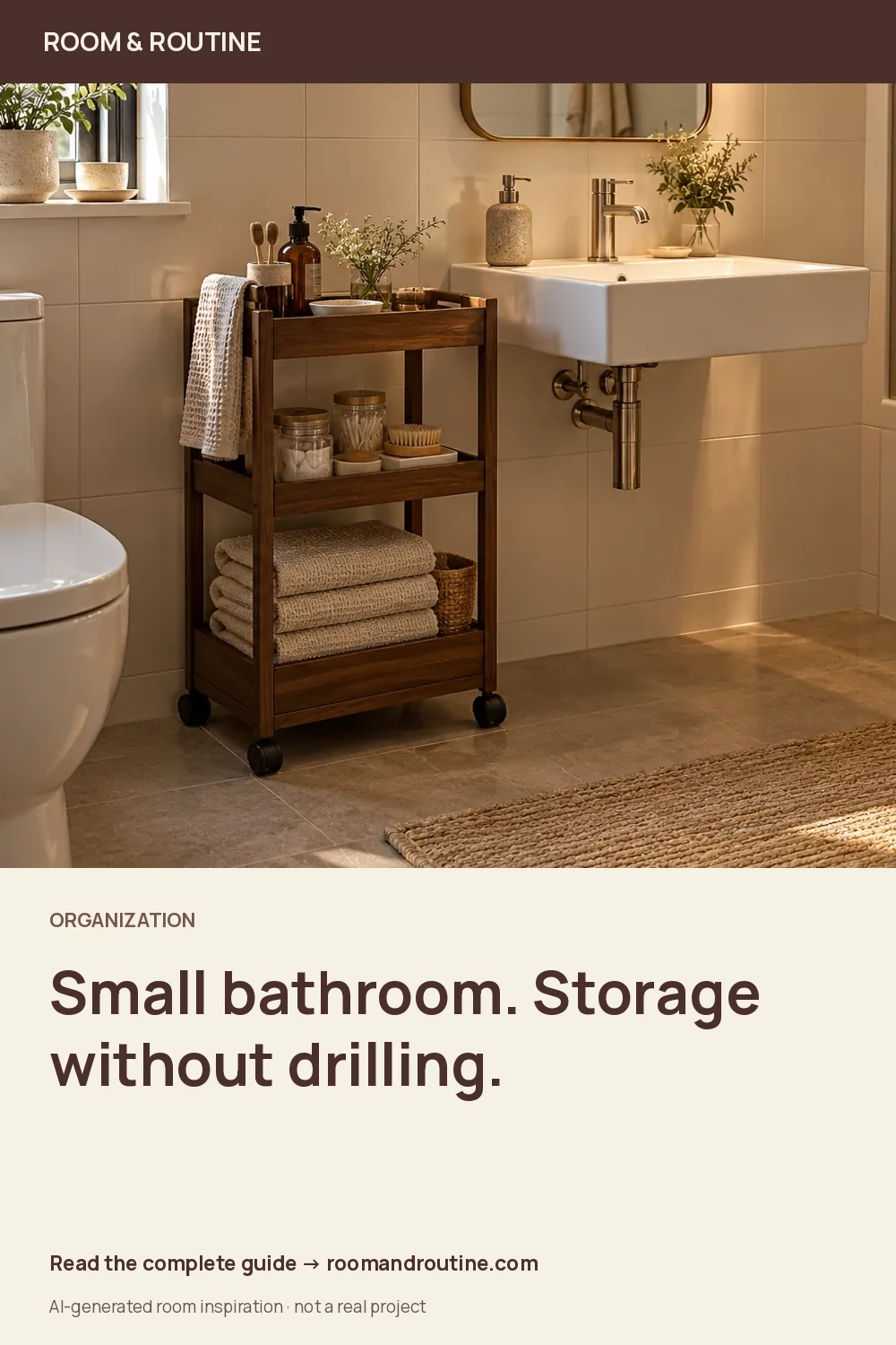 Pinterest graphic for Small Bathroom Storage Without Drilling: Give Every Item a Home. AI-generated room illustration.