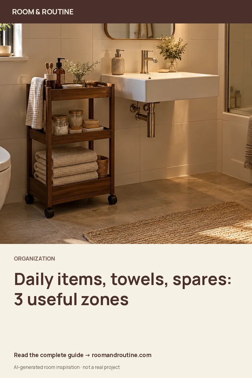 Pinterest graphic for Small Bathroom Storage Without Drilling: Give Every Item a Home. AI-generated room illustration.