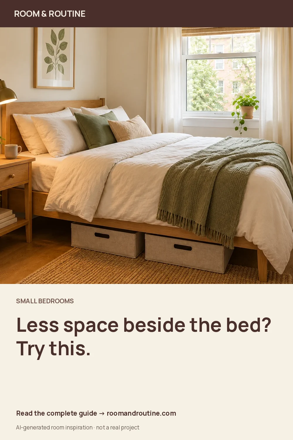 Pinterest graphic for Bedside Table Alternatives for a Small Bedroom: Choose by Your Nightly Routine. AI-generated room illustration.