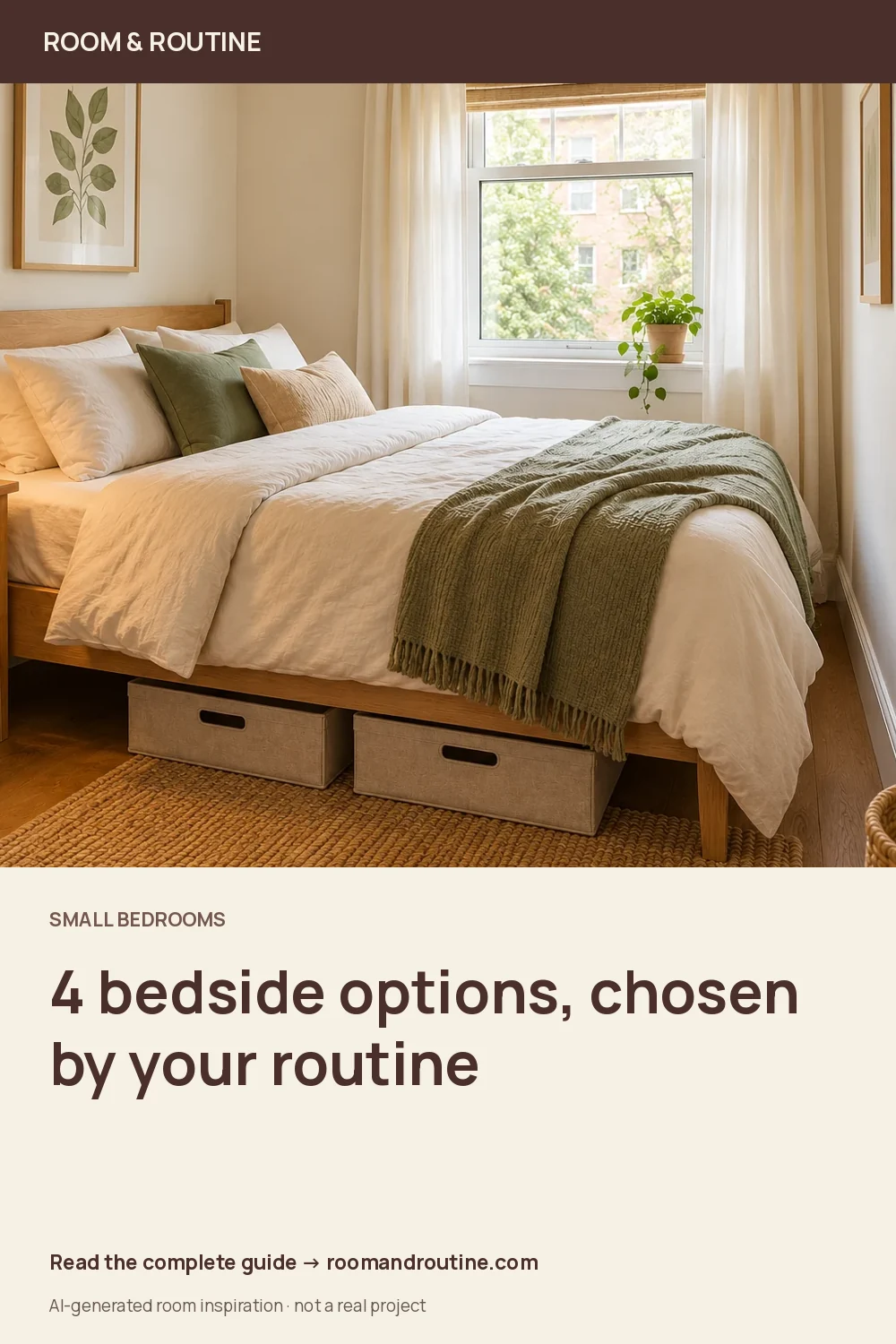 Pinterest graphic for Bedside Table Alternatives for a Small Bedroom: Choose by Your Nightly Routine. AI-generated room illustration.