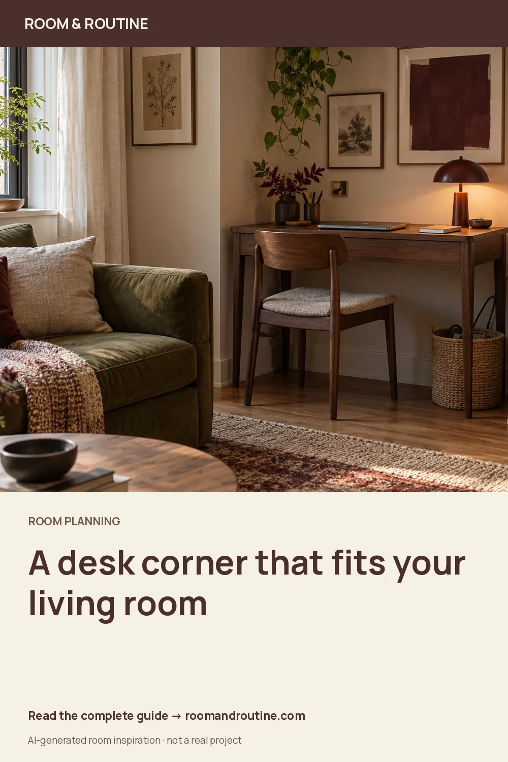 Pinterest graphic for A Small Home Office in Your Living Room: Plan the Desk Corner First. AI-generated room illustration.