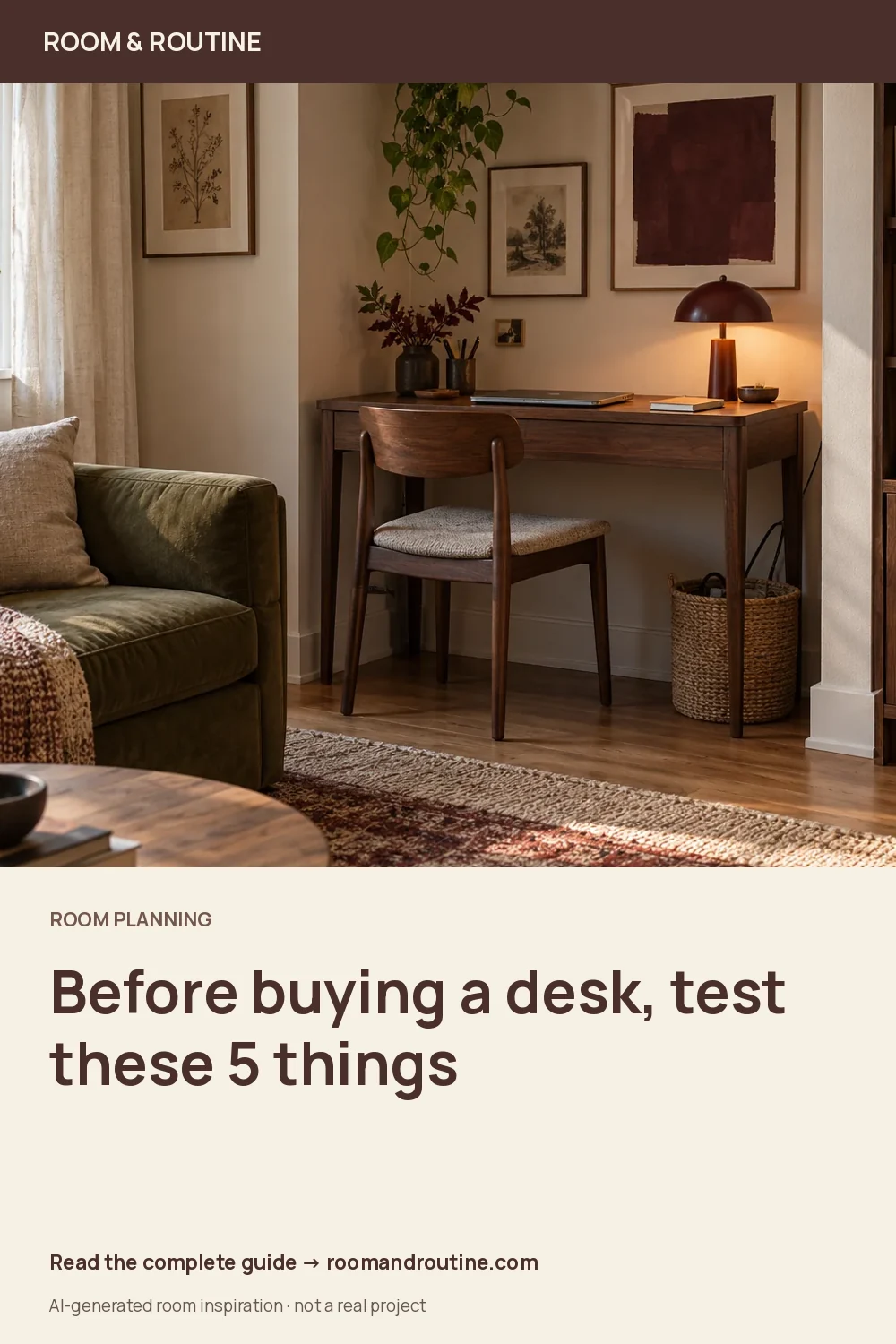 Pinterest graphic for A Small Home Office in Your Living Room: Plan the Desk Corner First. AI-generated room illustration.