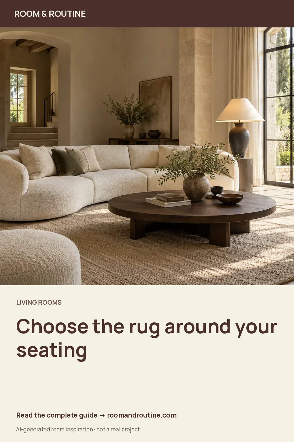 Pinterest graphic for How to Choose a Living-Room Rug Size: Tape the Layout Before You Buy. AI-generated room illustration.
