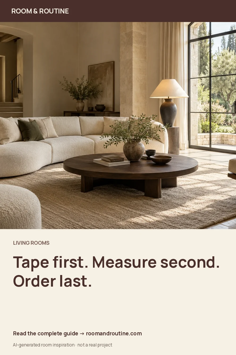 Pinterest graphic for How to Choose a Living-Room Rug Size: Tape the Layout Before You Buy. AI-generated room illustration.