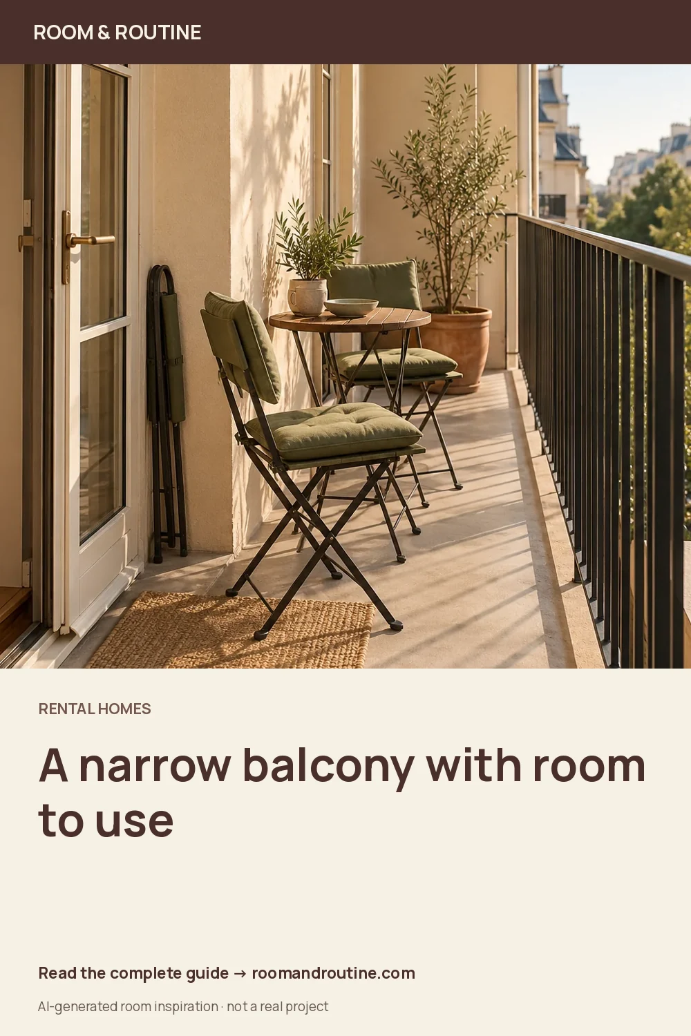 Pinterest graphic for A Narrow Balcony Layout for Renters: Make One Everyday Use Fit. AI-generated room illustration.