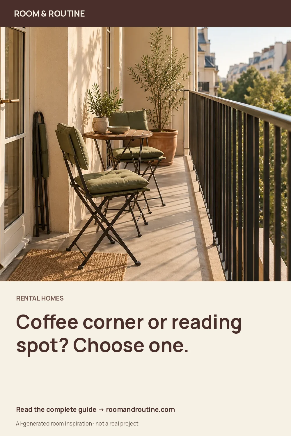 Pinterest graphic for A Narrow Balcony Layout for Renters: Make One Everyday Use Fit. AI-generated room illustration.