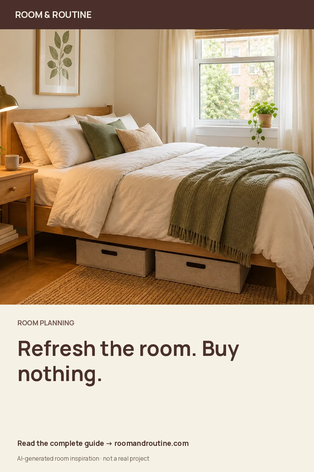 Pinterest graphic for A No-Buy Room Refresh: A Weekend Plan Using What You Have. AI-generated room illustration.
