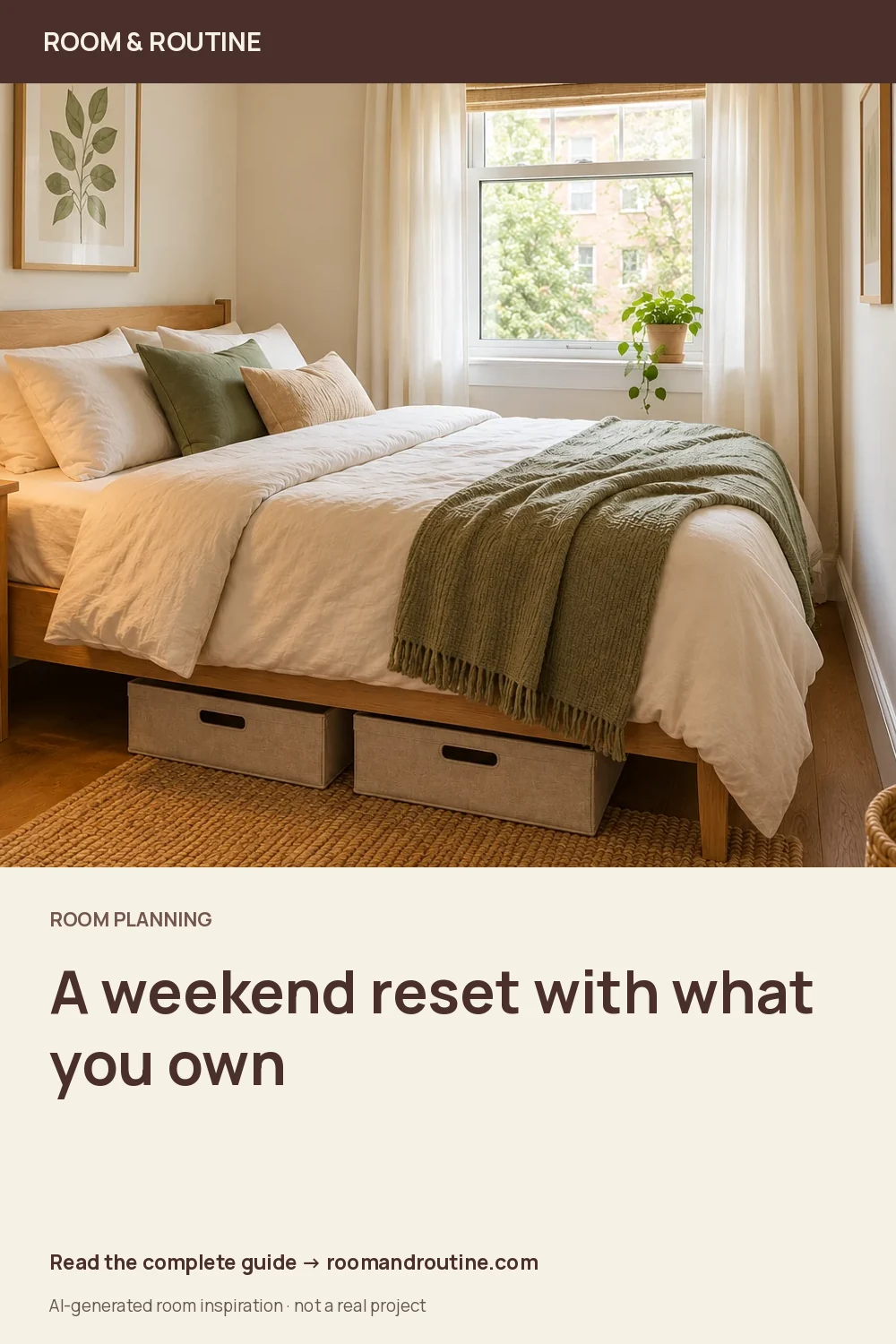 Pinterest graphic for A No-Buy Room Refresh: A Weekend Plan Using What You Have. AI-generated room illustration.