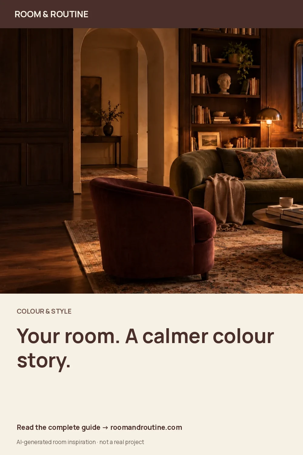 Pinterest graphic for How to Choose a Room Colour Palette from What You Already Own. AI-generated room illustration.