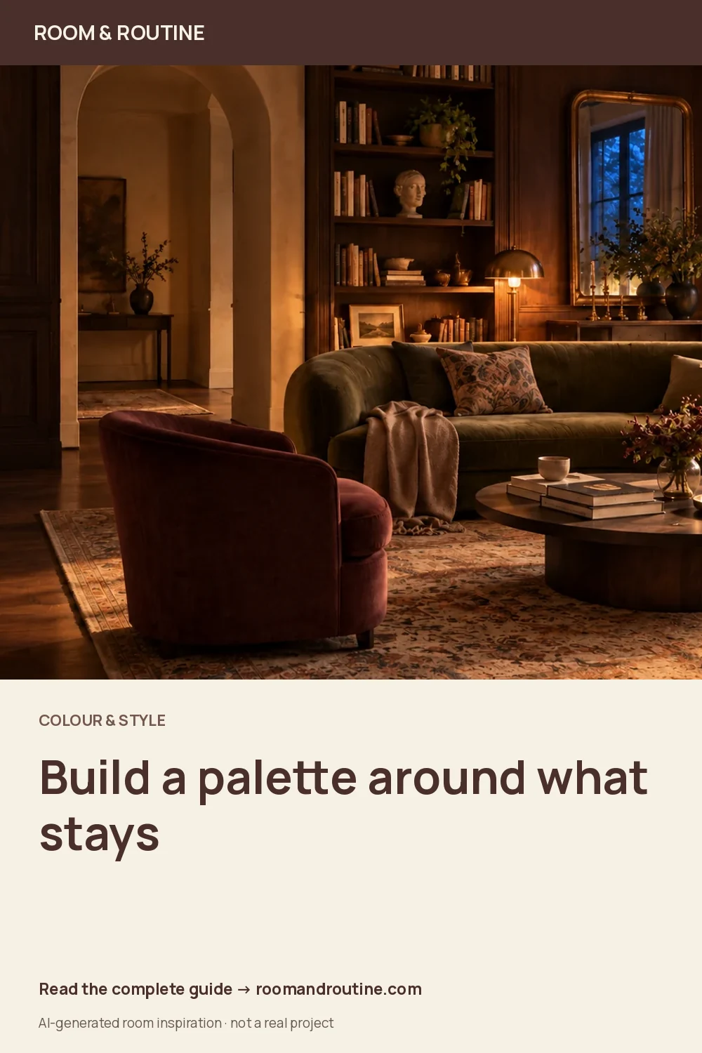 Pinterest graphic for How to Choose a Room Colour Palette from What You Already Own. AI-generated room illustration.