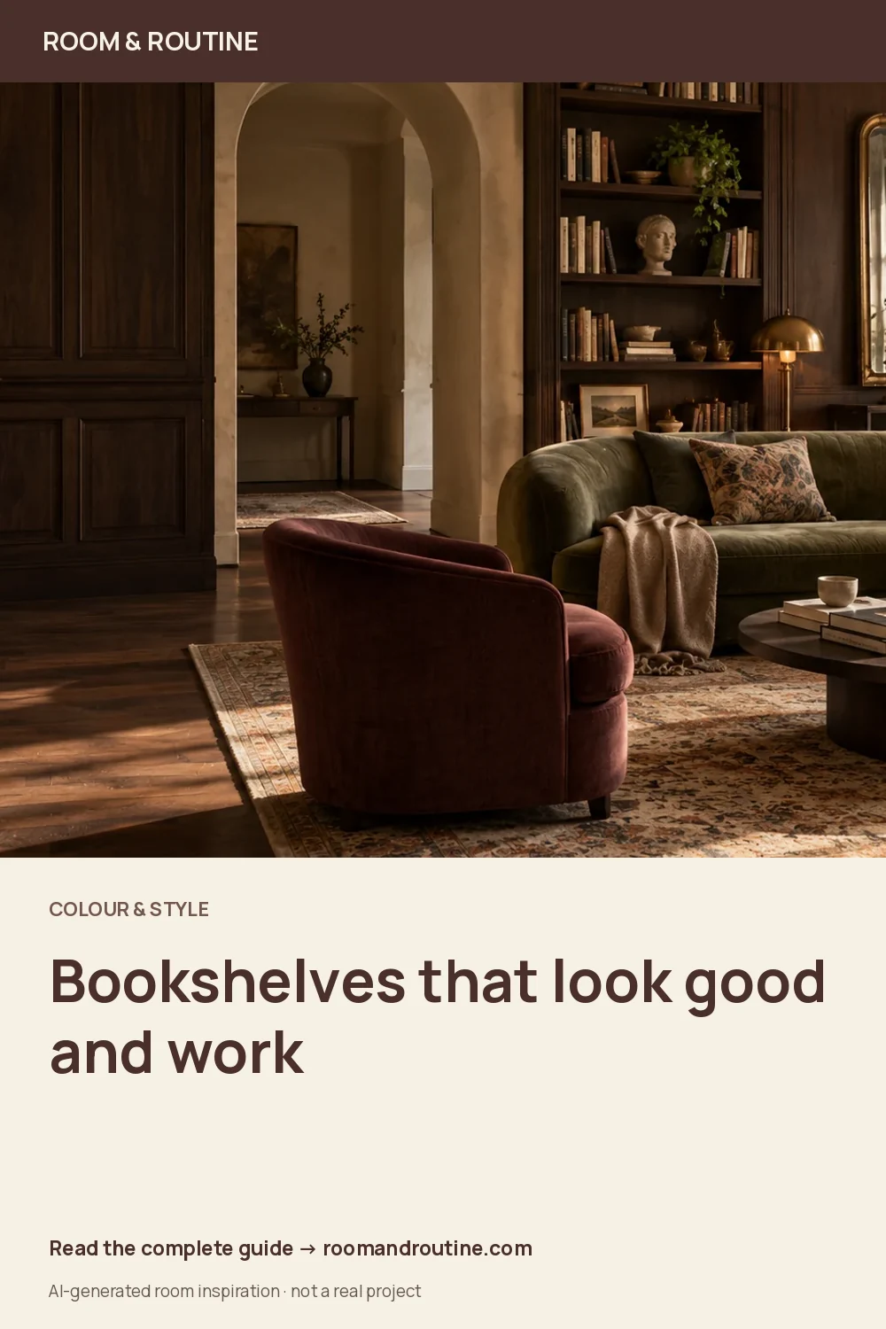 Pinterest graphic for How to Style Bookshelves You Actually Use: Books, Storage and a Little Space. AI-generated room illustration.