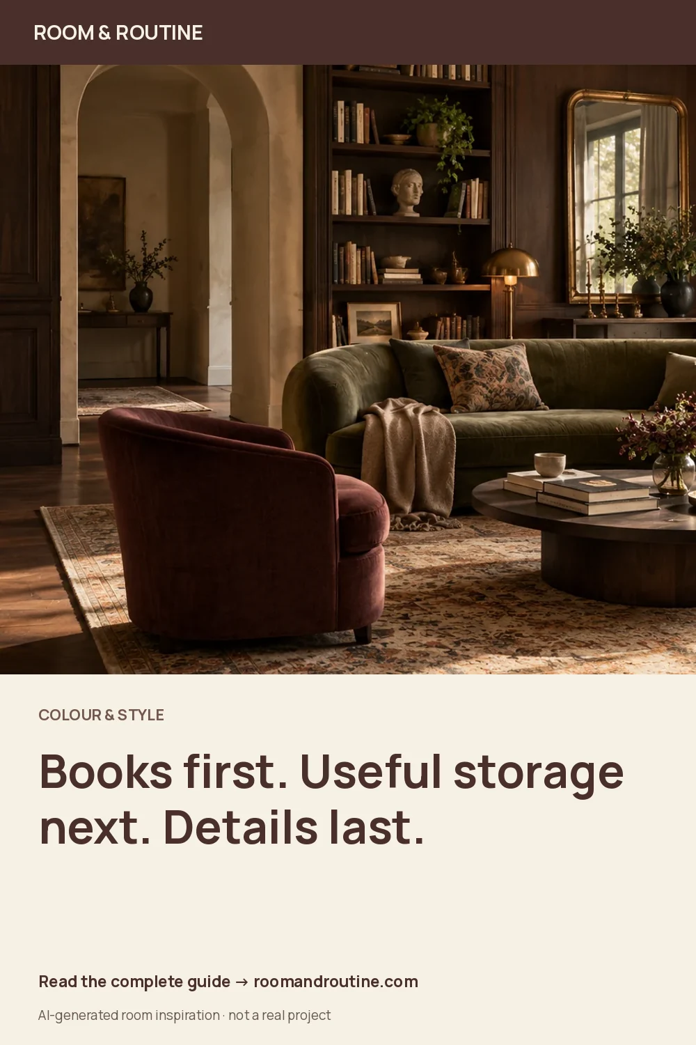 Pinterest graphic for How to Style Bookshelves You Actually Use: Books, Storage and a Little Space. AI-generated room illustration.