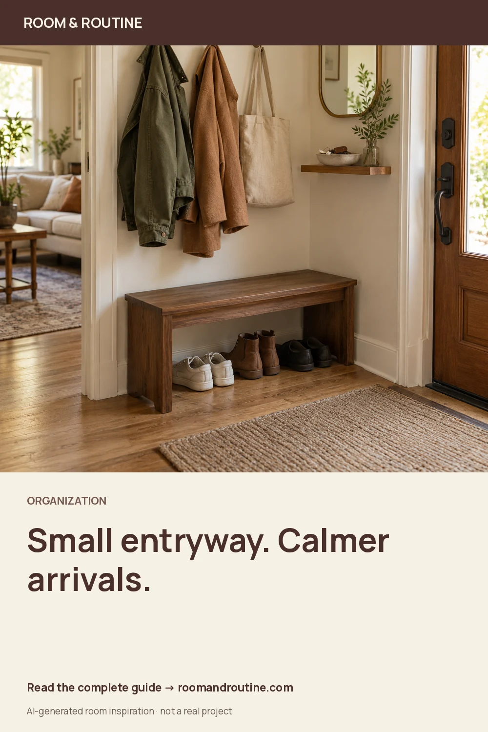 Pinterest graphic for A Small Entryway That Keeps Shoes, Keys and Bags in Order. AI-generated room illustration.