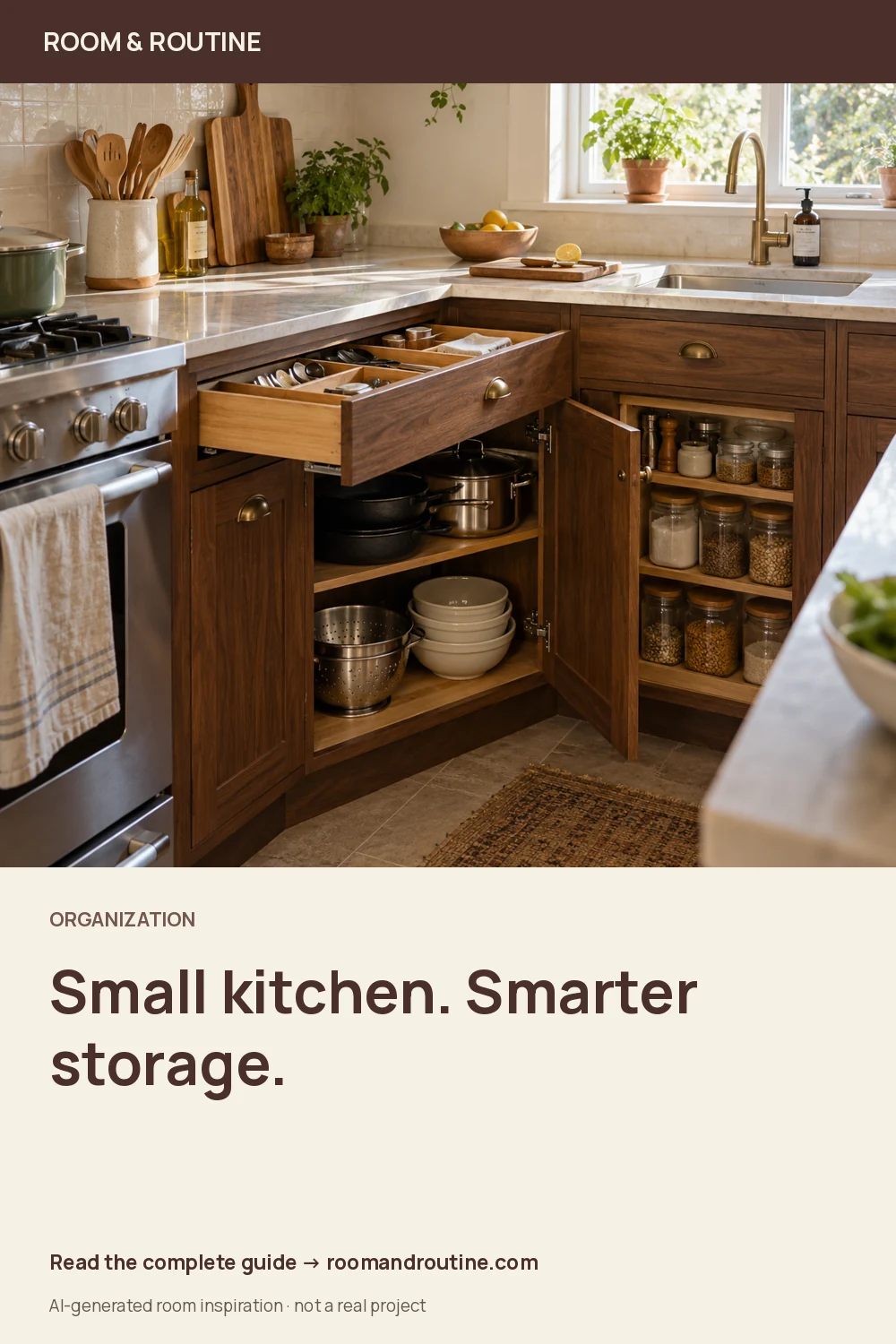 Pinterest graphic for Small Kitchen Organization: A Cabinet-by-Cabinet Plan. AI-generated room illustration.