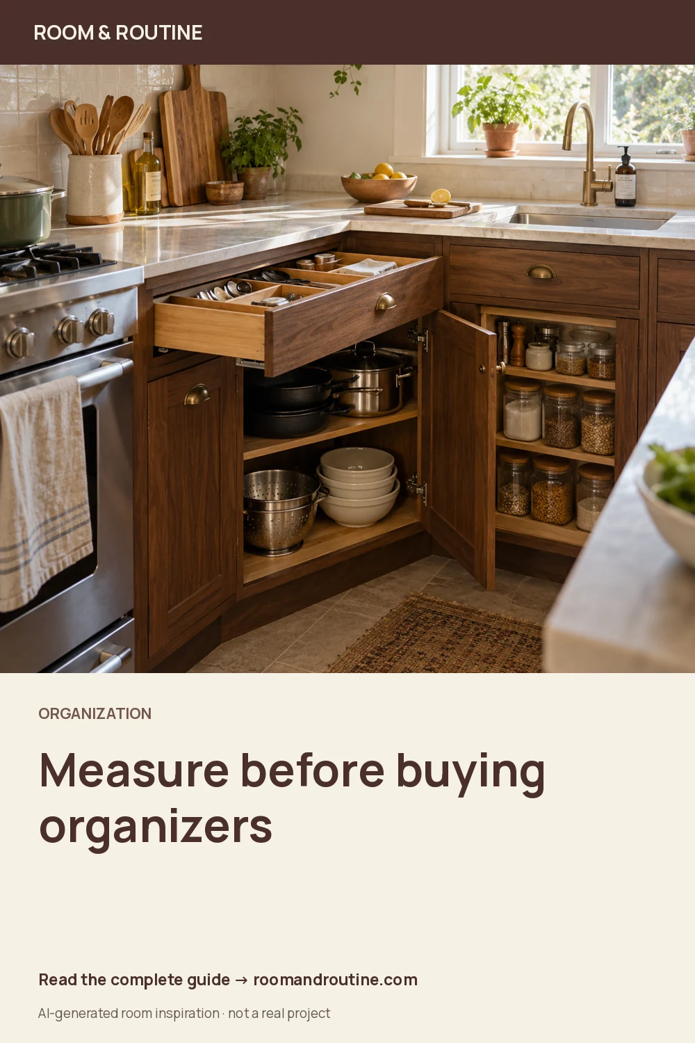 Pinterest graphic for Small Kitchen Organization: A Cabinet-by-Cabinet Plan. AI-generated room illustration.