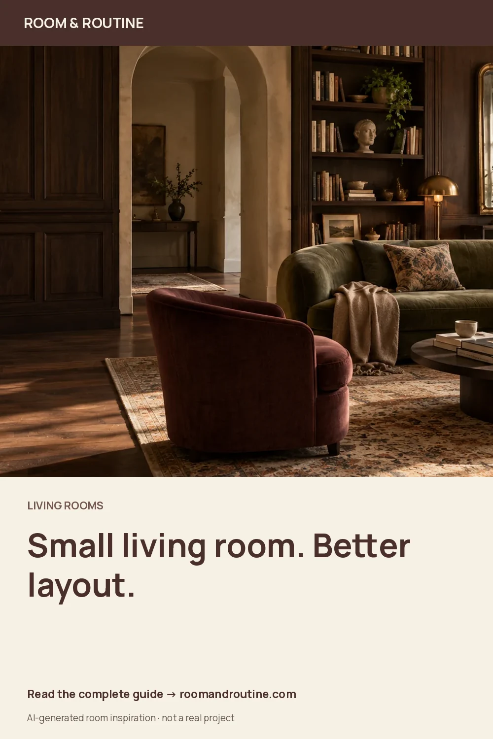 Pinterest graphic for A Small Living Room Layout That Works for Everyday Life. AI-generated room illustration.