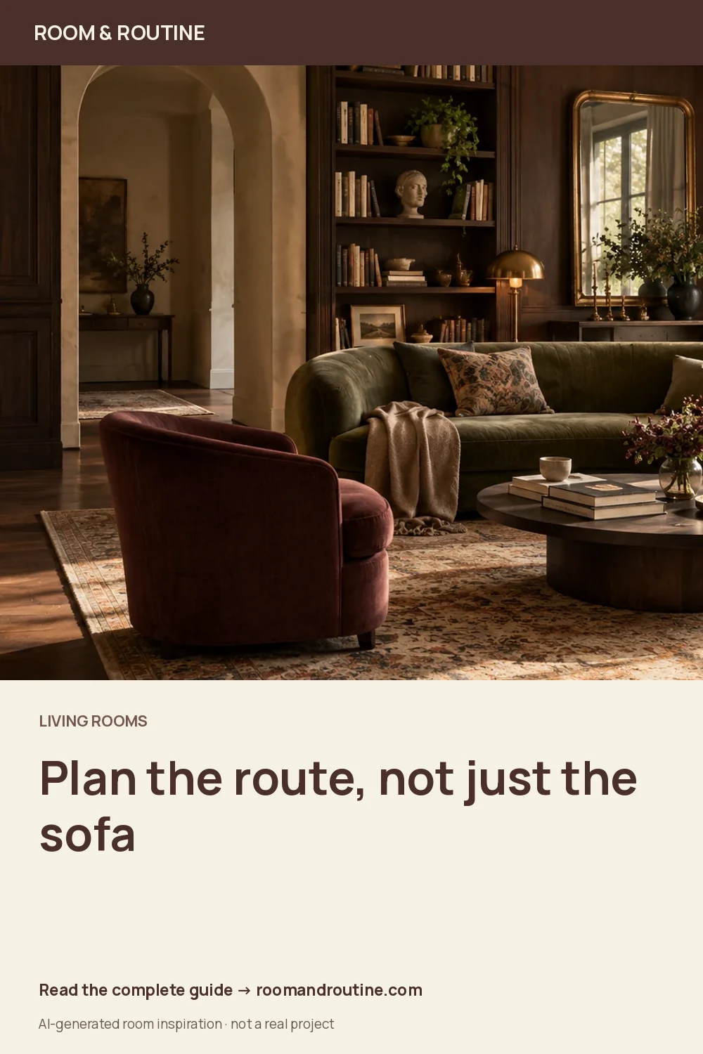 Pinterest graphic for A Small Living Room Layout That Works for Everyday Life. AI-generated room illustration.